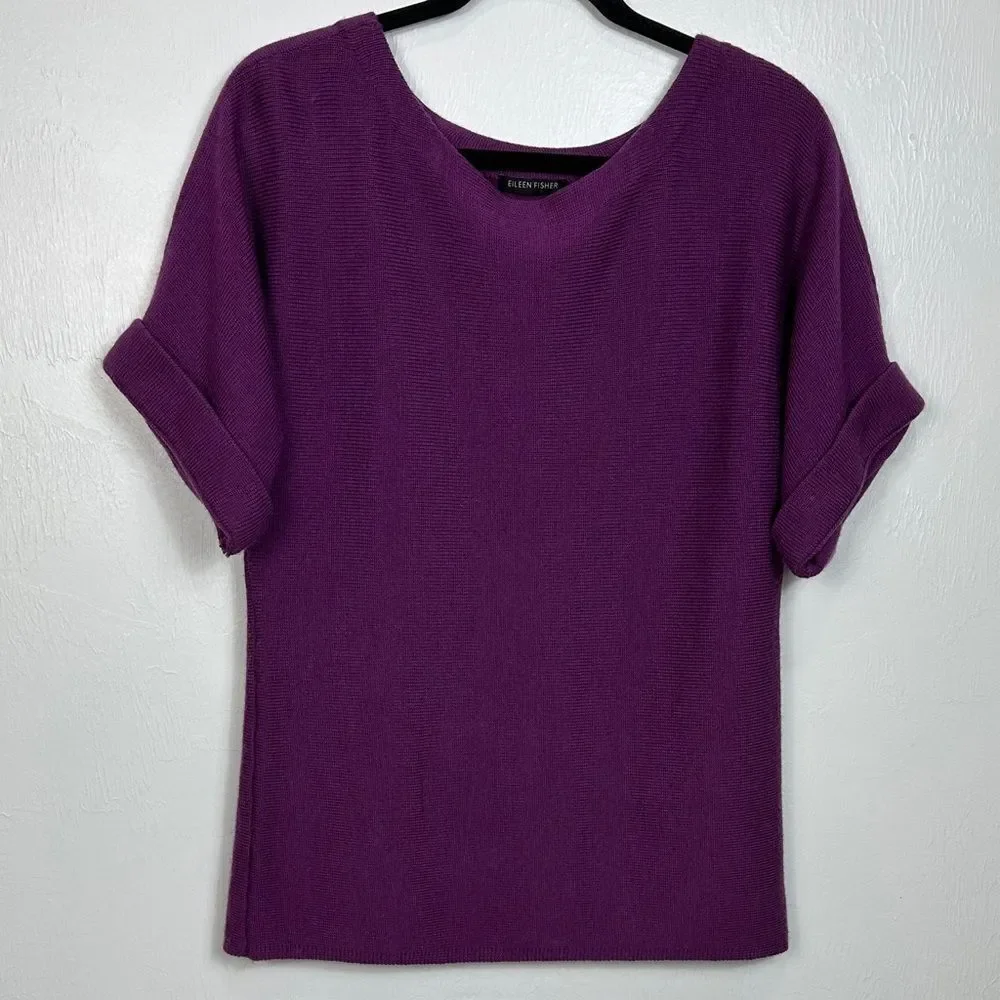 Eileen Fisher Wool Short Sleeve Round Neck Sweater In Purple Size S